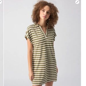 Sanctuary Johnny Collar Tshirt Dress in Light Ecru Olive Stripe, Size: S